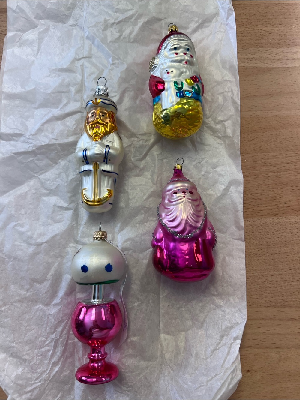 Glass Santa and Holiday Figurine Ornaments - Pink, Gold, White - 4 ornaments